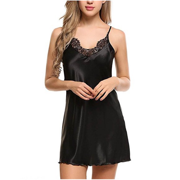 matoen Nuisette Mode pour Femmes Aguichant à Bretelles Spaghetti Col en V en Dentelle à Empiècements Douce pour la Peau Vêtement de Nuit Couleur Unie Sans Manches Chemises de Nuit