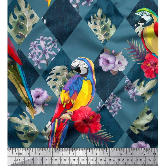 Soimoi Blue Cotton Duck Fabric Floral Tropical Bird Decor Fabric Printed BTY 44 Inch Wide
