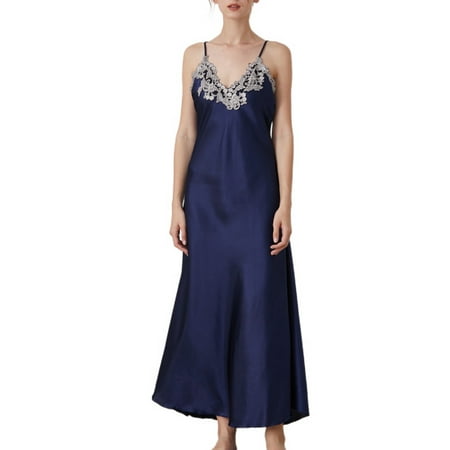

Homgro Women s Satin Nightgown Full Length Lace V-Neck Pajamas Dress Sexy Pjs Silky Long Summer Lounging Lightweight Sleepwear Navy Large