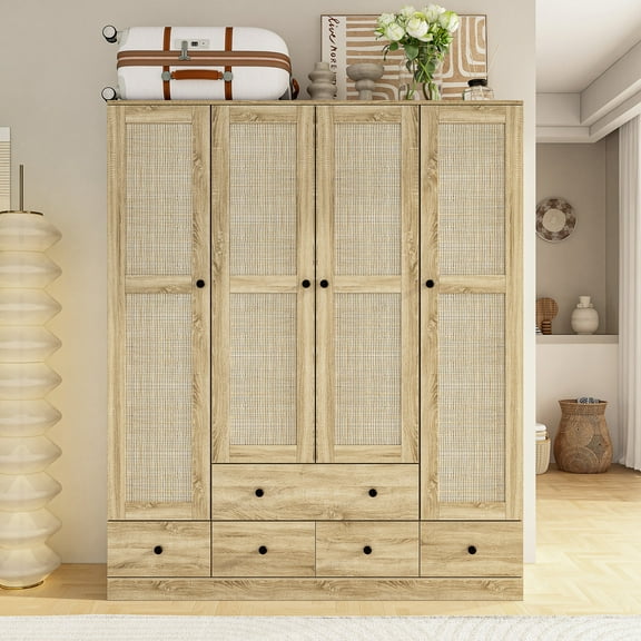 KULAGAGA 4 Door Rattan Bedroom Armoire with Drawers and Hanging Rod, Beige