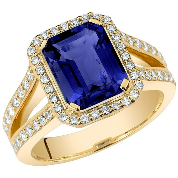 PEORA 14K Yellow Gold Created Blue Sapphire and Lab Grown Diamond Ring for Women, 5.50 Carats Total, 10x8mm Emerald Cut, Size 6.5