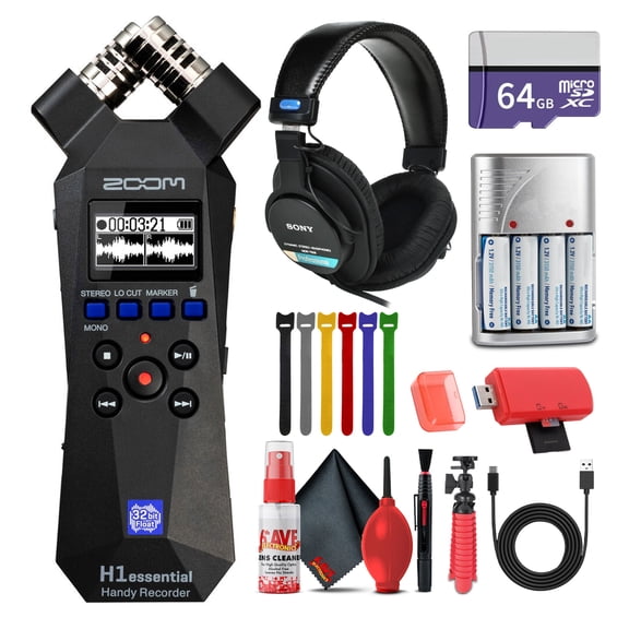 Zoom H1essential 2-Track 32-Bit Float Portable Audio Recorder Bundle With MDR-7506 Professional Stereo Headphones   Extreme Pro 64GB microSDXC Memory Card   USB Card Reader   More