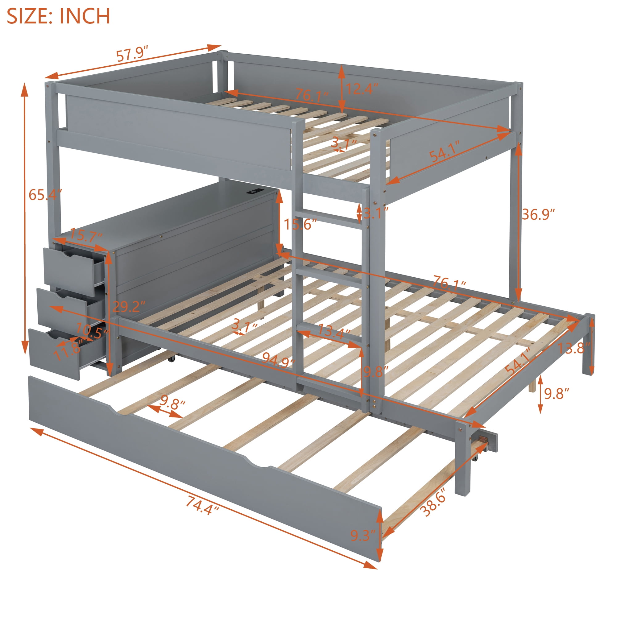 Aukfa Full Over Full Bunk Bed with Trundle and USB Charging Station, Wood Bed Frame with Build-in Desk&Storage Drawers for Kids Bedroom, Gray