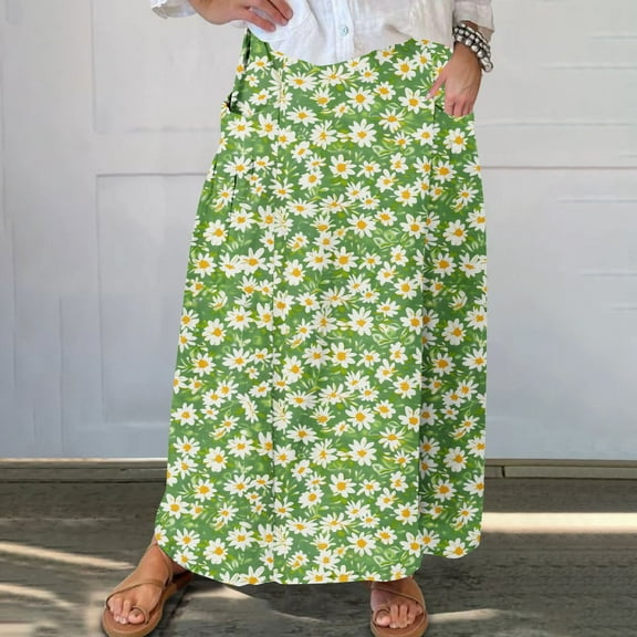 Maxi Dresses for Women 2025 Viikei Women's Cotton Skirt with Ruffled Hem,Women's Printed Elastic Waistband Pleated Pocket Skirt With Mid Calf Skirt Green S