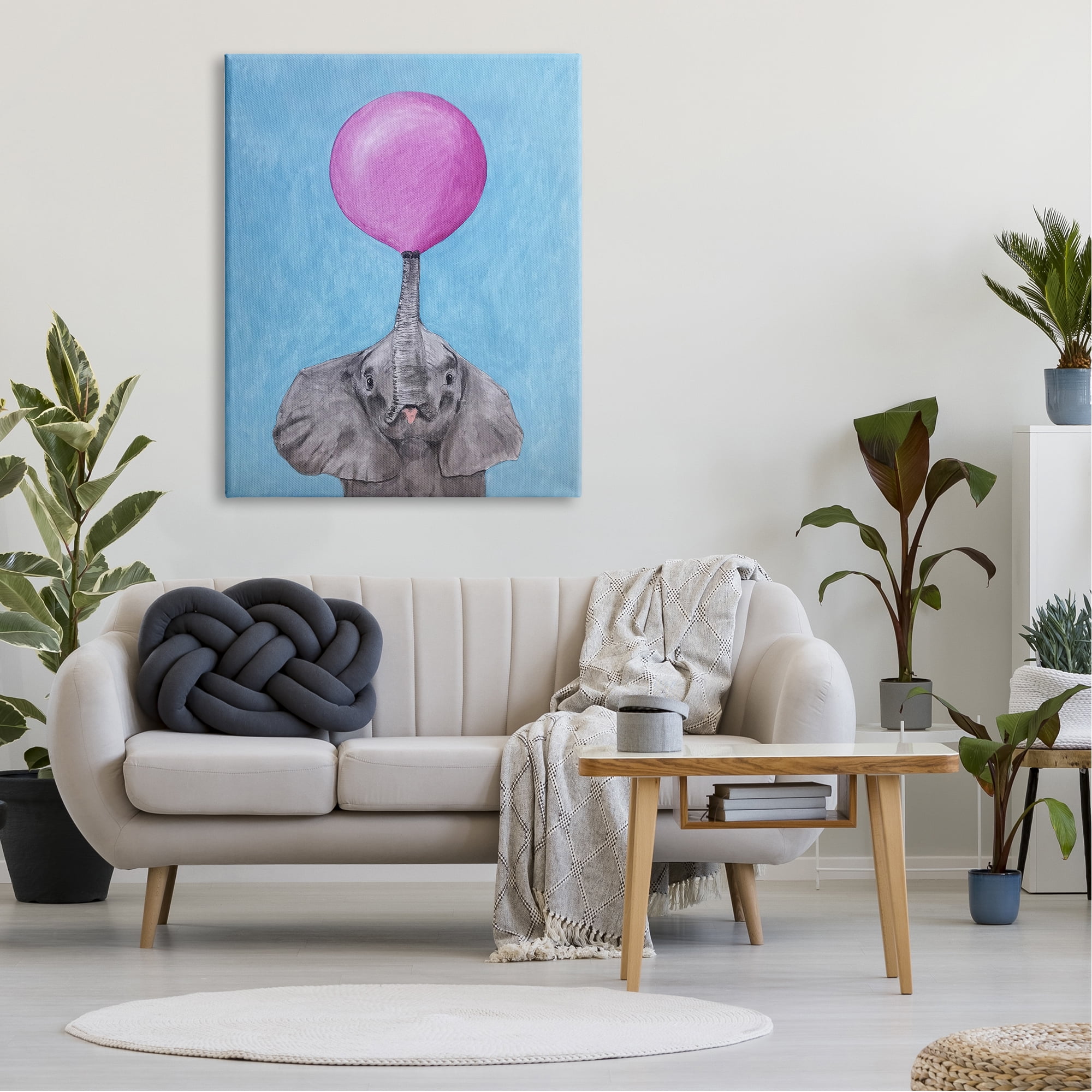 Stupell Industries Cute Elephant Blowing Pink Balloon Animal Portrait Paintings Gallery-Wrapped Canvas Print Wall Art, 36x48, by Coco de Paris