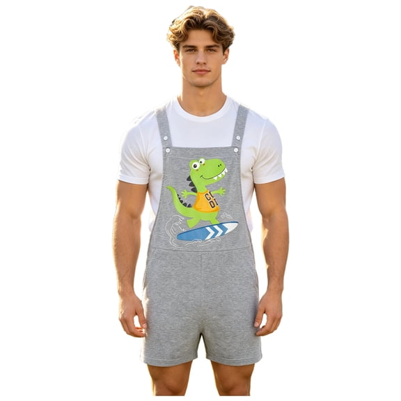 TiaoBug Men's Overalls Bib Shorts with Pocket Front Dinosaur Printed Adjustable Straps One Piece Rompers Grey M