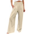 thumbnail image 2 of Beige Women's Casual Pants, High Waist Wide Leg Palazzo Pants For Women Smocked Elastic Waist Loose Comfy Casual Pajama Pants Pockets,Women's Casual Pants M, 2 of 7