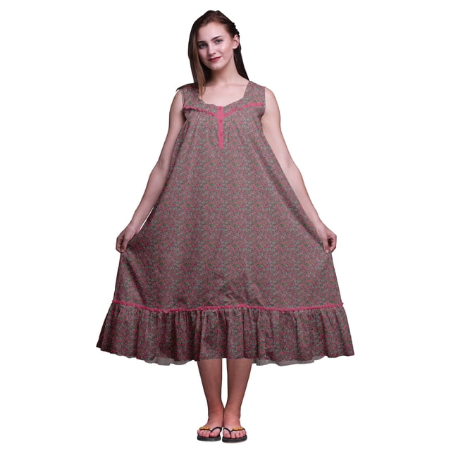 Bimba Nuisettes en Coton Pink8 Leaves Rose pour Femmes Mi-Mollet Imprimées Robe de Nuit X-Small