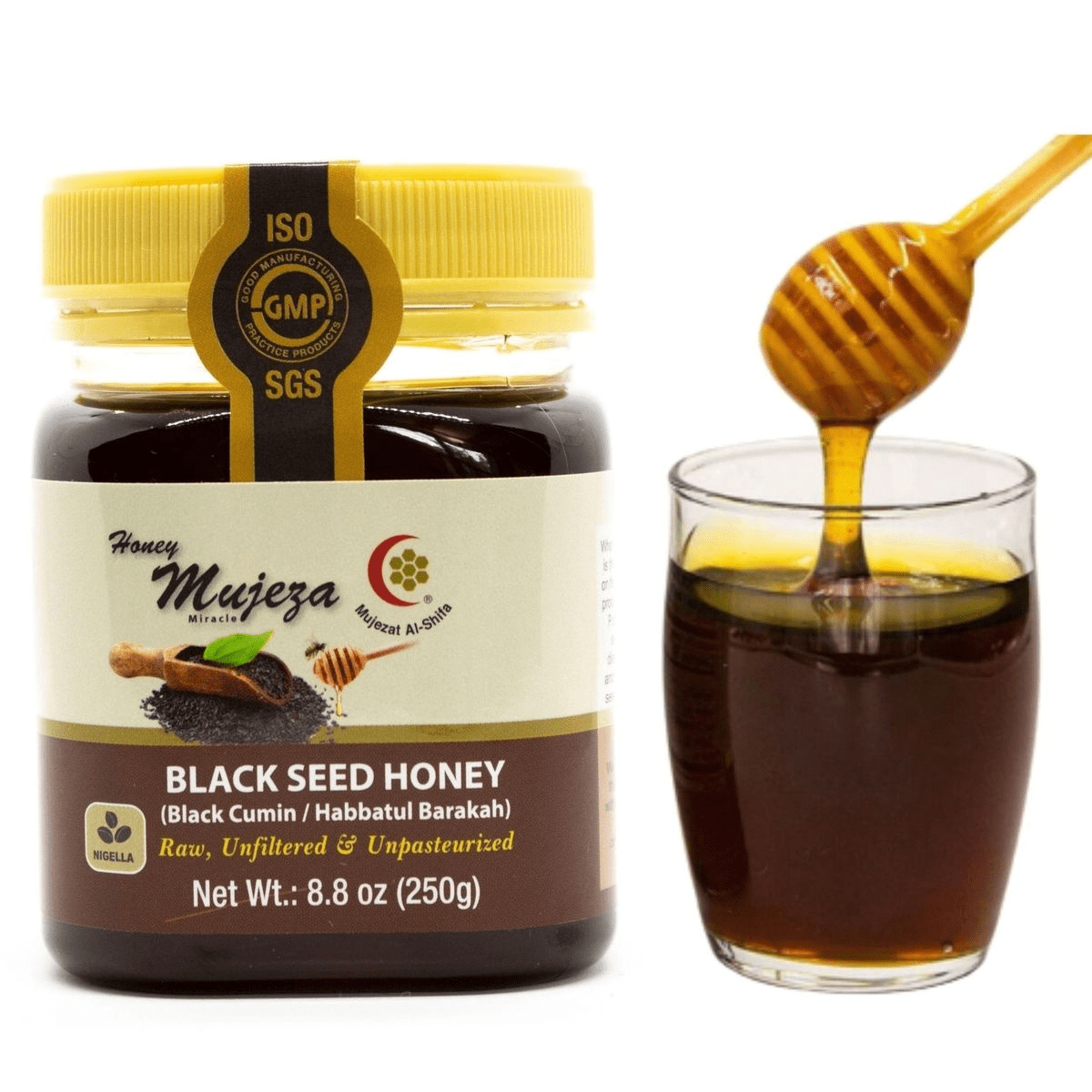 Mujeza Raw Black Seed Honey- (Black cumin- nigella seeds) Not mixed with black seed oil or black seed powder- Gluten Free Non Gmo Unfiltered Unprocessed 100% Natural Honey- Kosher 250g/8.8oz