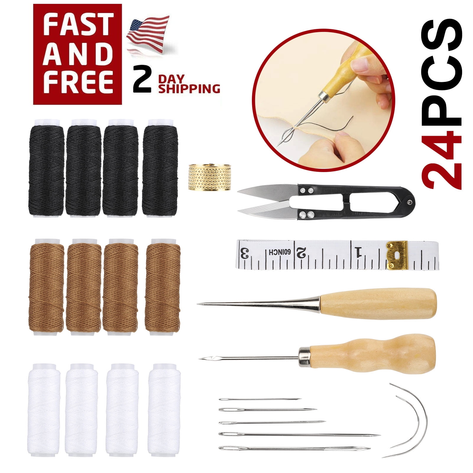 Awl 6 Color Waxed Thread with 3 Sizes Large Eye Sewing Needles Leather