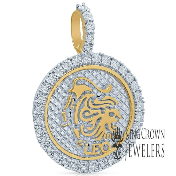 Real Genuine Diamonds Leo Lion Zodiac Sign Charm Astrology Unisex Round Circle Pendant 10K Yellow Gold Finish 2''
