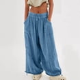 thumbnail image 5 of Womens Casual Loose Fit Wide Leg Cotton Pants Drawstring Stitching Baggy Pants Trousers with Pockets Blue XXL, 5 of 10