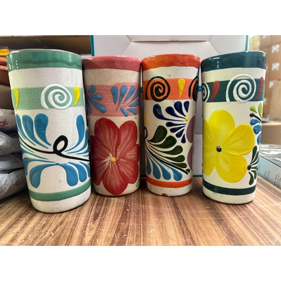 4 Large 7" Mexican Water Tea Coffee Jar Mugs Jarritos Vasos Mexicanos Hand Painted Tazas de Barro Micnocana Ponchero Hot Chocolate Botellon Fruit Punch Traditional Clay Party Dish Made in Mexico
