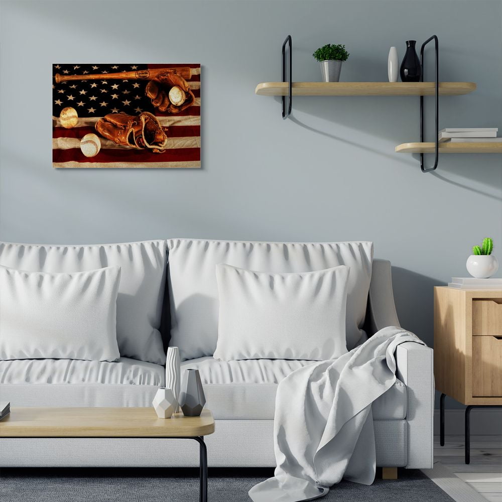 Stupell Industries Vintage American Flag Baseball Sports Rustic Photo Canvas Wall Art by Daniel Sproul