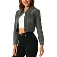 thumbnail image 4 of INSPIRE CHIC Women's Classic Casual Puff Sleeve Button Down Cropp Denim Jacket S Black Gray, 4 of 6