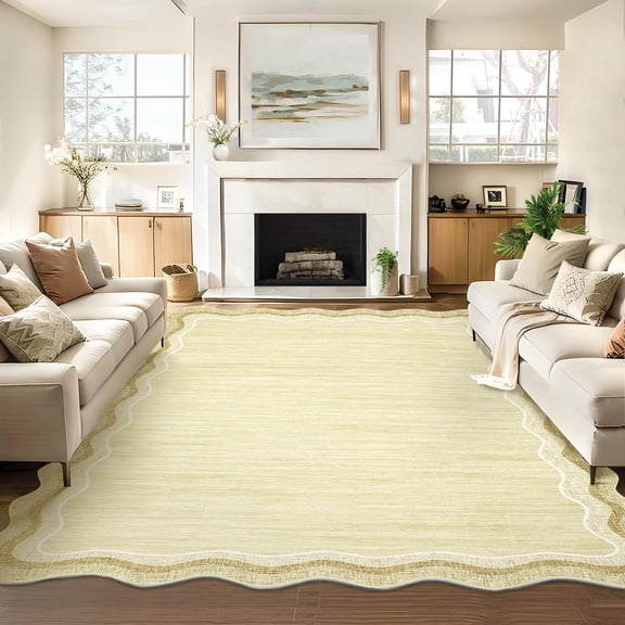 Nanan 5'x7' Scalloped Area Rug Modern Abstract Rug, Washable Rug Non Slip Solid Indoor Carpet for Living Room Bedroom Playroom, Beige
