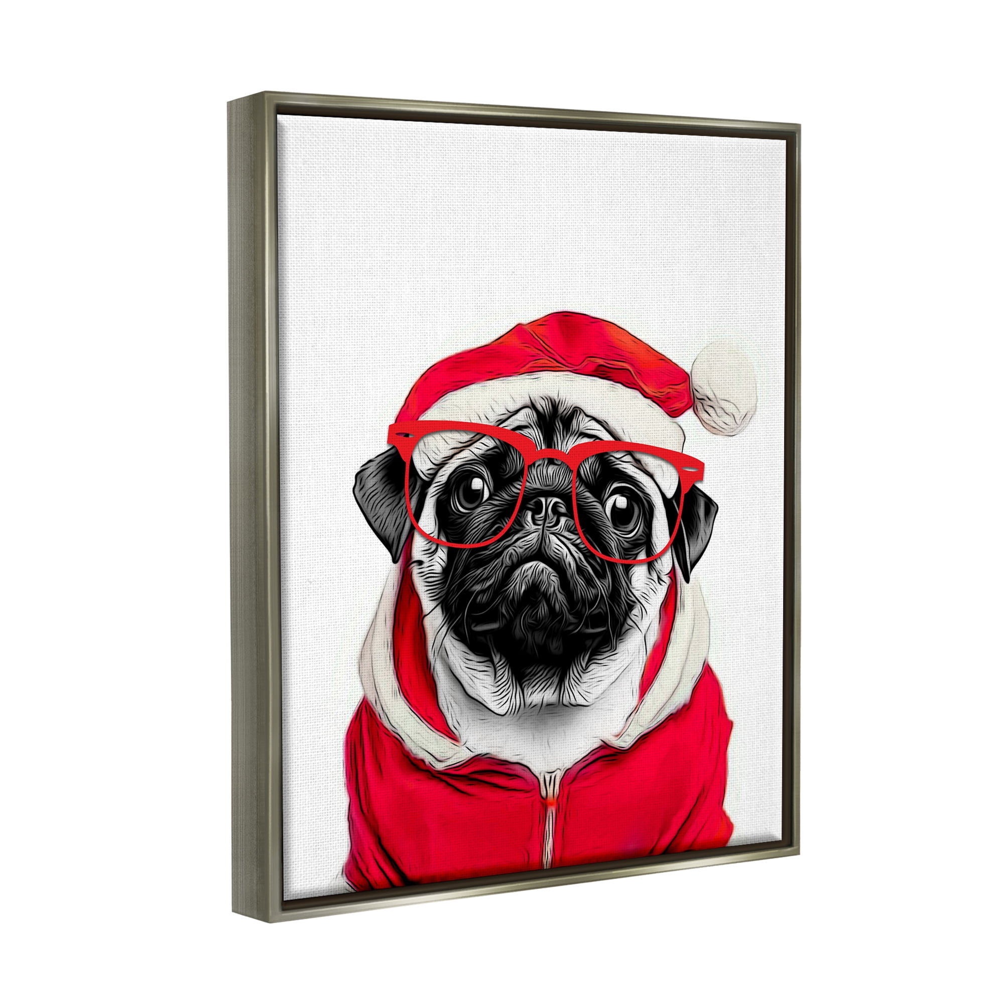 Stupell Industries Pug in Santa Hat Holiday Painting Gray Floater Framed Canvas Art Print Wall Art, 17 x 21