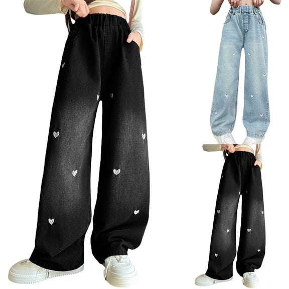 Blekii Girls Star Stitching Wide Leg Jeans, Girls Star Stitching Wide Leg Jeans, Fashion Pants for Teen Kids, Casual Streetwear Trousers Fashion Denim Pants Teen Streetwear, Casual Outing, School,