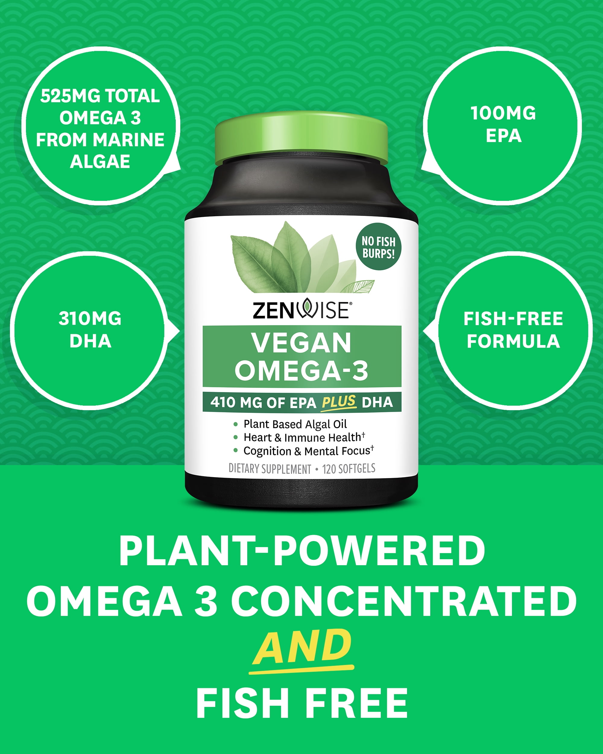 Zenwise Health Vegan Omega 3 Supplement for Women and Men from Marine Algae Oil with DHA & EPA - Plant Powered Fish Oil Alternative, Sustainably Sourced for Eye & Joint Health - 120 CT