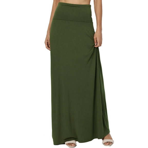 TheMogan Women's S~3X Casual Draped Jersey Foldable Waist Relaxed Long Maxi Skirt