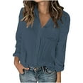 thumbnail image 2 of Chiccall Womens Long Sleeve Button Down Shirts Casual Pleated V-Neck Collared Gauze Tops Blouses Dark Blue L, 2 of 8