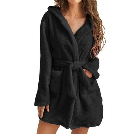 

LAPA Women Solid Warm Plush Lace-Up Cardigan Hooded Home Pajamas Bathrobe