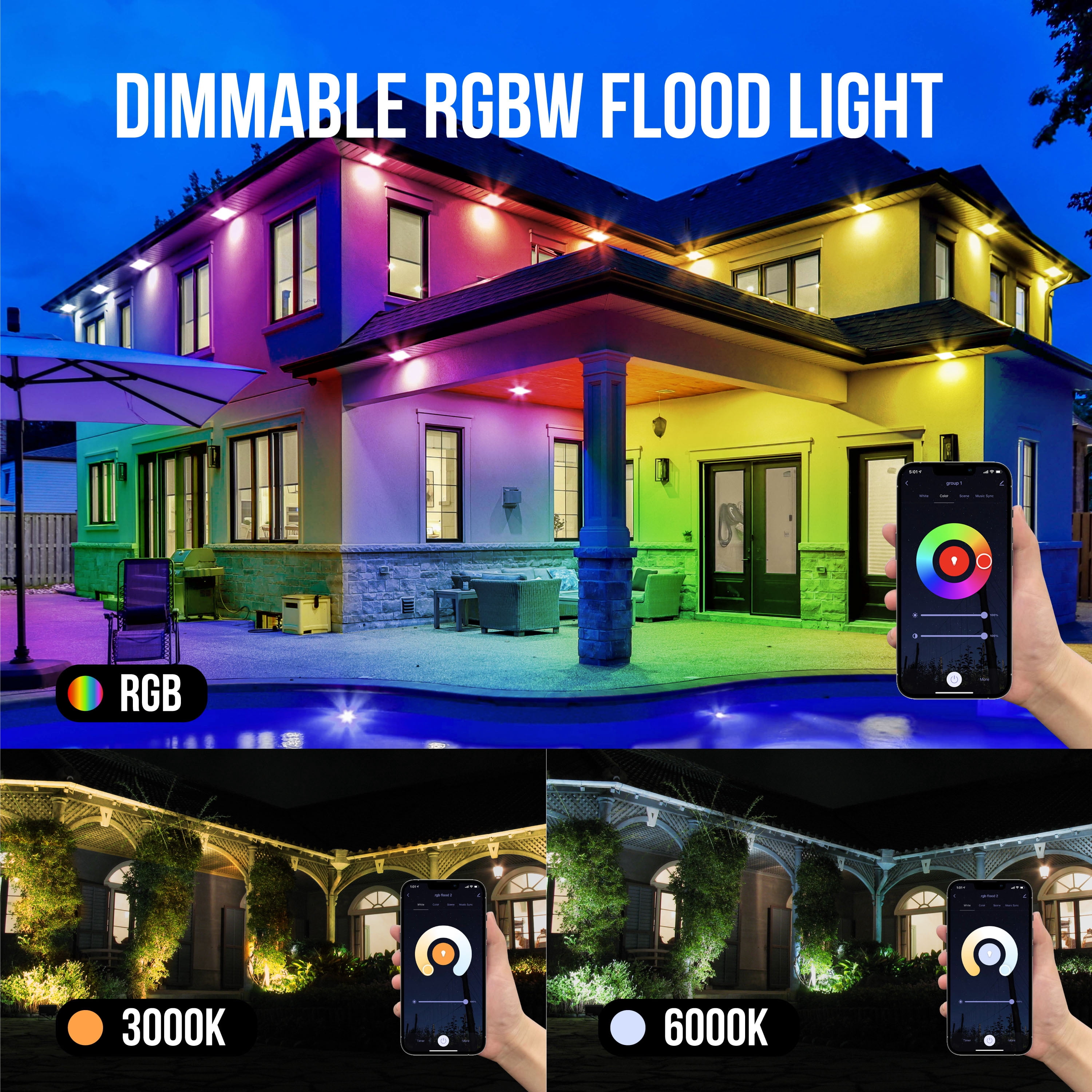 GKOplus 2-Pack RGB+CW LED Flood Light 160W Equivalent, WiFi & Bluetooth Smart Control Color Changing Stage Lights, Wall Washer Lights, Uplighting for Events, IP65 Waterproof for Outdoor Uses