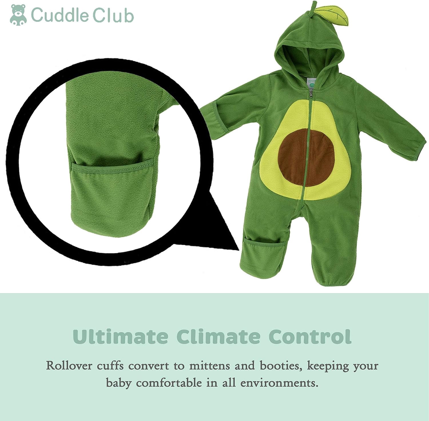Cuddle Club One Piece Romper Hooded Fleece Onesie Jumper for Baby, Avocado 6-12 Mos
