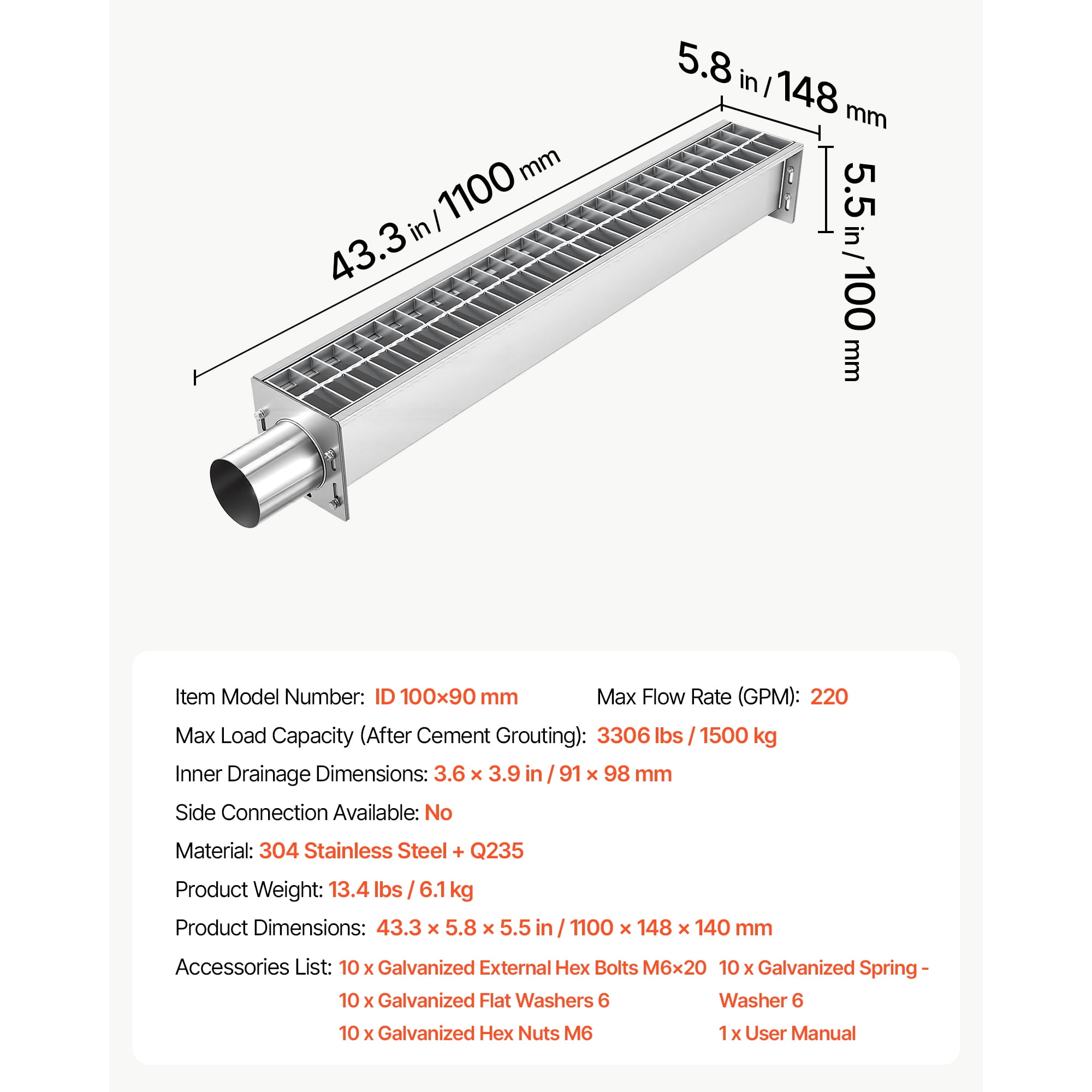 KFFKFF Trench Drain, 43.3 x 5.8 x 5.5 in, Linear Drainage Channel with Carbon Steel Grate, 304 Stainless Steel Channel, Durable Outdoor Drainage Solution for Driveway, Patio, Pool, Garden, Silver