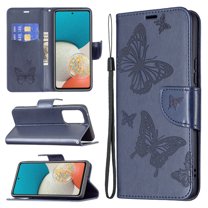 Allytech Embossed Butterfly Case for Samsung Galaxy A53 5G, PU Leather Card Slots Flip Stand Magnetic Closure Wrist Strap Lanyard Protective Cover for Galaxy A53 5G, Blue
