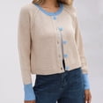 thumbnail image 2 of VISALY Cropped Cardigan Crewneck Cardigan Womens Cropped Cardigan Sweaters Button Down Open Front Long Sleeve Fall Trendy Color Block Knit Coats Office Cardigans Winter Cardigan Beige L, 2 of 9