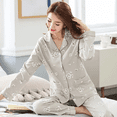 thumbnail image 5 of Conjunto de pijama de manga larga holgado de algodón puro para mujer, cuello de solapa, adecuado para ropa exterior del hogar, otoño, 5 of 5