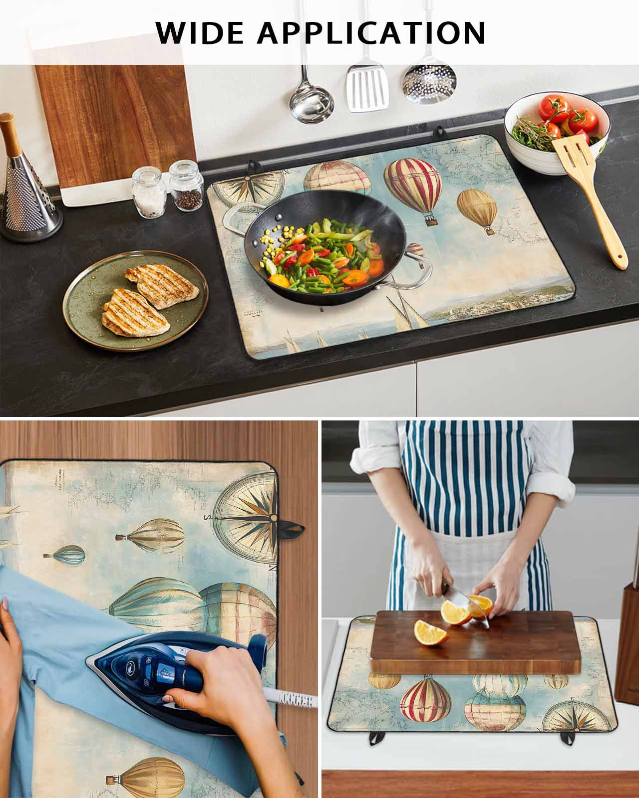 nqOlkjepod Large Induction Cooktop Protector Mat 28.5"x20.5", Nautical Boats Blue Stove Top Covers for Electric Stove, Coastal Ocean Vintage Hot Balloons Stove Burner Cover Mats Stove Cover