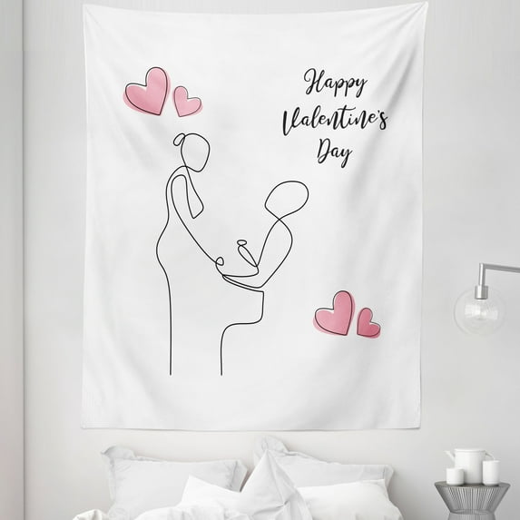 Valentine's day Tapestry, A Continuous Line Art Picturing a Love Themed Vektor Illustration, Fabric Wall Hanging Decor for Bedroom Living Room Dorm, 5 Sizes, White and Blush, by Ambesonne
