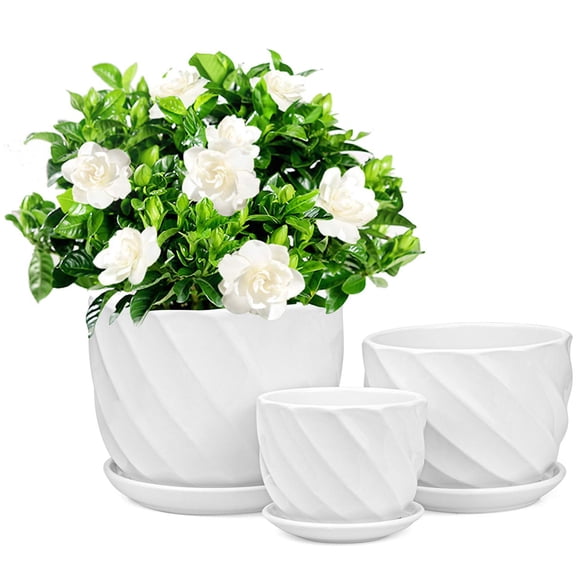 Foraineam Set of 3 Round Modern Ceramic Planter Pot Small to Large Sized Garden Flower Plant Pots White Succulent Cactus Container
