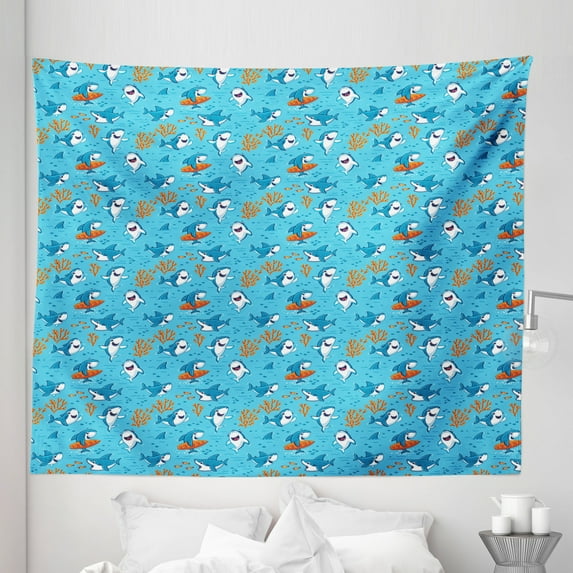 Shark Tapestry, Underwater Fantasy World with Funny Fish Characters Cheerful Mascots, Fabric Wall Hanging Decor for Bedroom Living Room Dorm, 5 Sizes, Blue White Orange, by Ambesonne