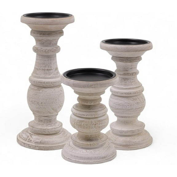 Hosley® Set of 3 White Wash Wood Pillar Candle Holders 10 Inches 8 Inches and 6 Inches High Ideal for LED and Pillar Candles Gifts for Weddings Party Home Spa Reiki Aromatherapy