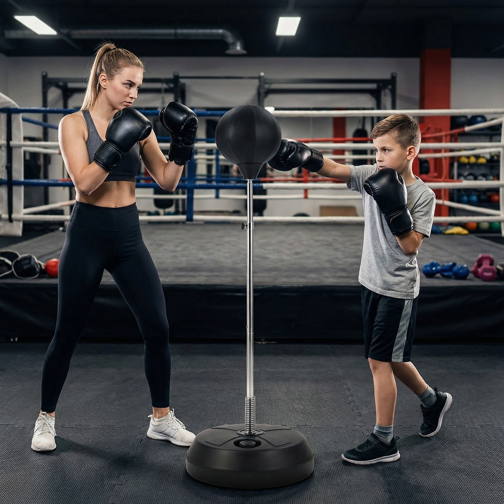 Freestanding Punching Bag Set with Gloves, Adjustable Height Reaction Boxing Ball with Spring Base, Standing Punch Bag for Adults & Teens, Home Gym Fitness Training Equipment 53-61 inch