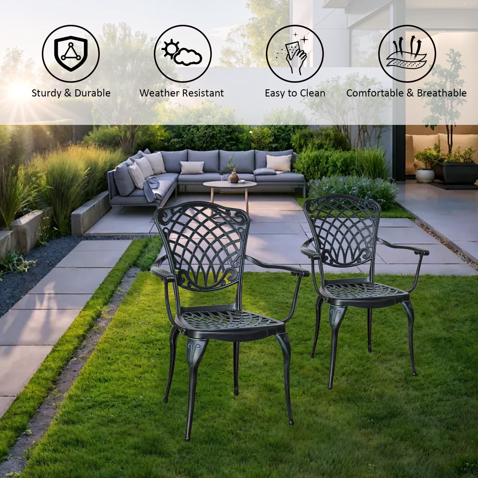 Withniture Cast Aluminum Outdoor Patio Chairs Set of 2, Vintage Green High Back Dining Chairs with Armrests, All-Weather Metal Bistro Chairs for Garden Deck Backyard