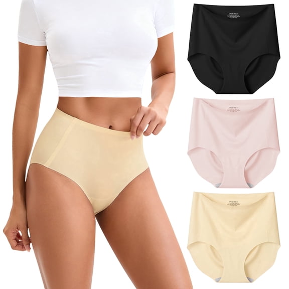 INNERSY Seamless High Waisted Underwear for Women No Show Stretch Panties Briefs 3 Pack(L,Essential Tone)