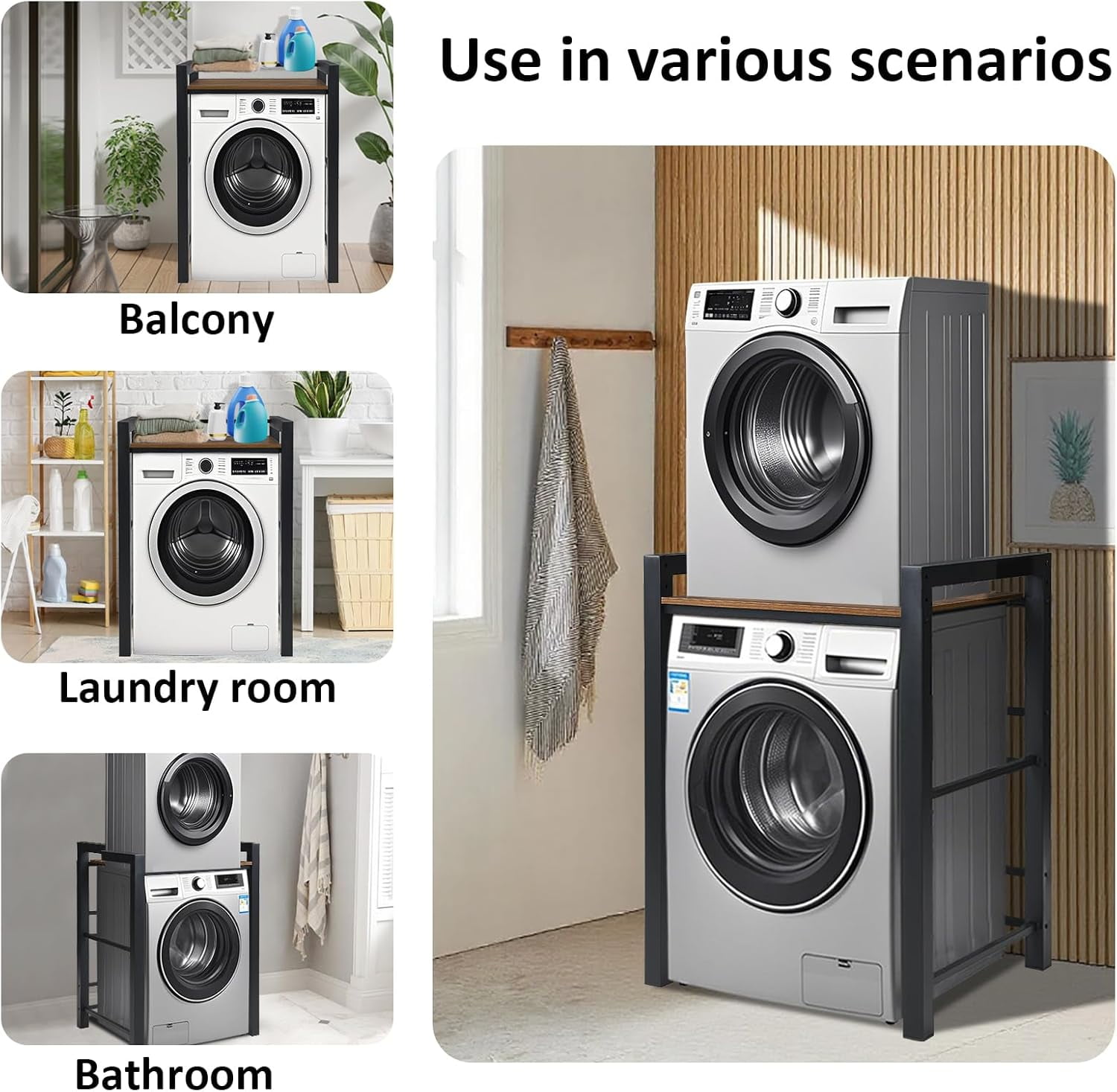 Washer Dryer Stacking Rack, 3 Height Adjustable Laundry Shelf, 300KG Load Capacity, Black Storage Organizer for Bathroom