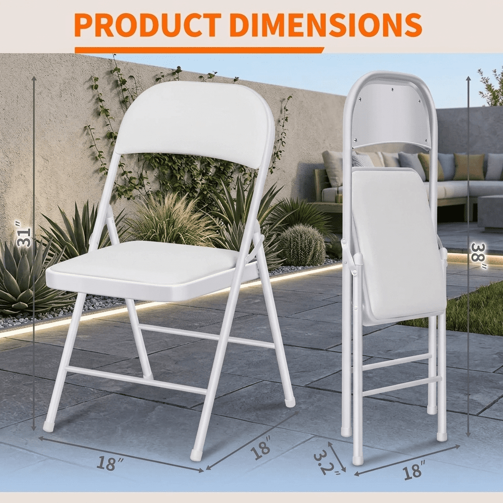 Fenbeli White Padded Folding Chairs 2 Pack, Faux Leather Seats with Steel Frames, Portable Event Seating for Weddings Offices and Parties