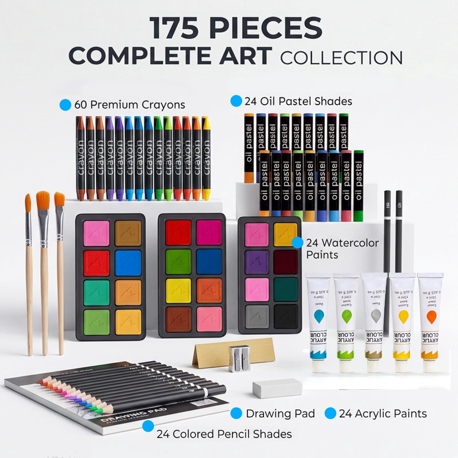 175-Pack Deluxe Wooden Art Set Drawing Painting Kit with 2 Drawing Pads, Acrylic Paints, Colored Pencils, Crayons, Paint Brush, Art Kit in Wooden Case, Gift for Artist, Adults, Teens and Kids
