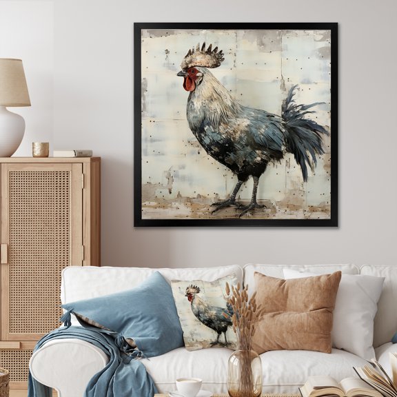 Designart "Free-Roaming Grey Farmyard Roosters" Animals Framed Wall Art Decor - Modern Grey Rooster Entryway Framed Wall Art Print
