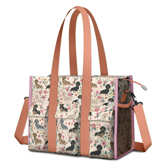 Teacher Tote Bag,Dachshund and Flower Teacher Utility Tote Bag,Large Work Tote Bags for Women with Multiple Pockets,Top Zipper Closure,13.8x10.6x6.7 Inch