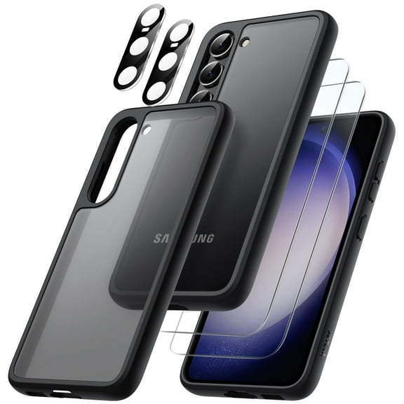 JETech 5 in 1 Matte Case for Samsung Galaxy S23 5G 6.1-Inch with 2-Pack Screen Protector and Camera Lens Protector, Translucent Back Protective Phone Cover, Tempered Glass Film (Black)
