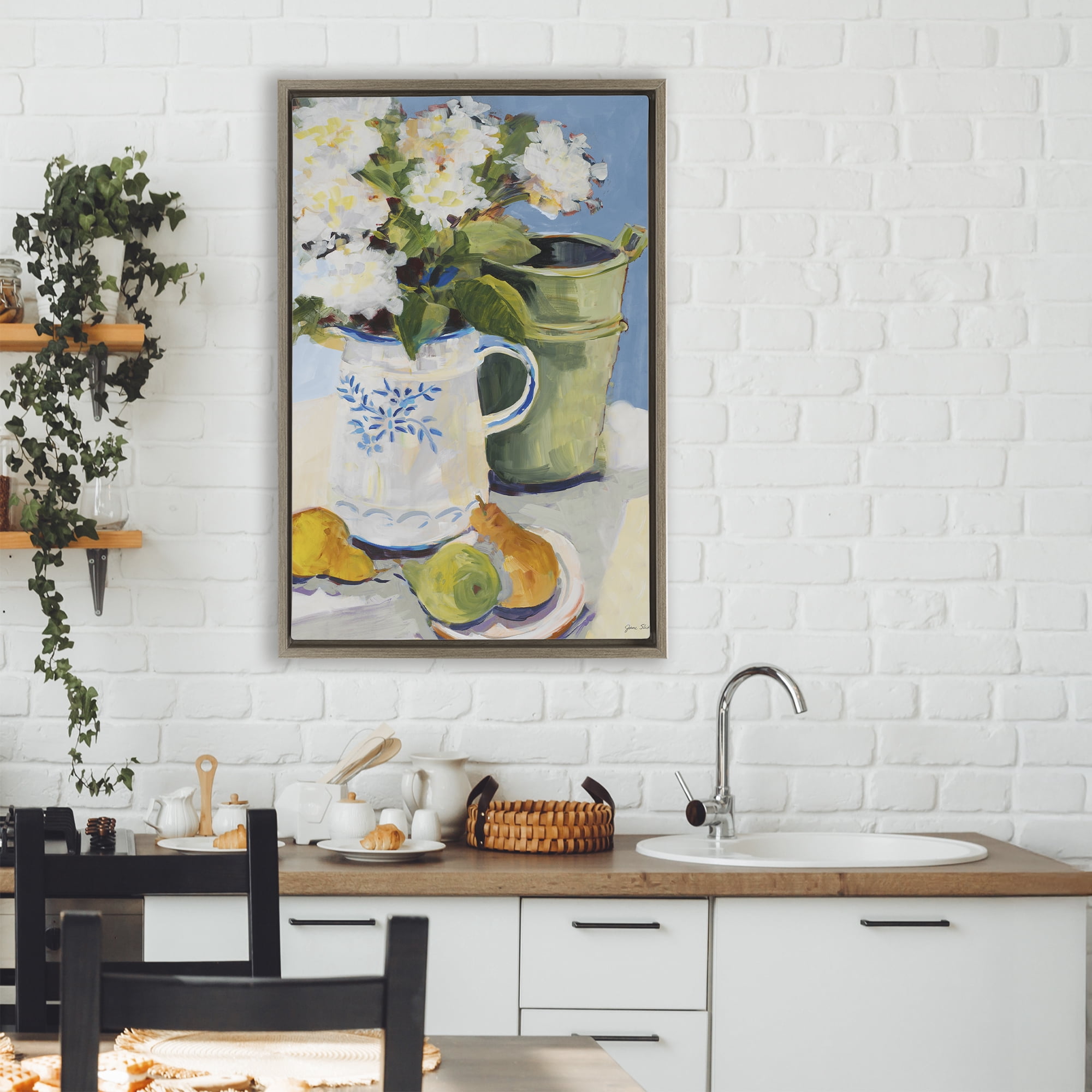 Stupell Industries Pitcher of Flowers Still Life Brown Framed Floater Canvas Wall Art, design by Jane Slivka