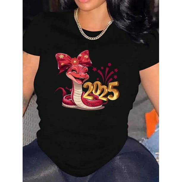 Camisetas para mujer, de verano, casual, manga corta, cuello redondo, con estampado, color blanco negro, blusaChic Butterfly Bow & Snake Print Women's T-Shirt - Casual Crew Neck, Short Sleeve, Stret