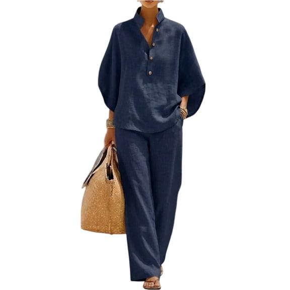 Evdexr Cotton Linen Sets for Women 2 Piece Sleeve V Neck Button Shirts and Wide Leg Pants Outfit Set 2026 Casual Loose Fit Business Travel Suits Dark Blue S