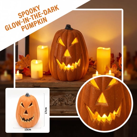 Large Halloween Spooky Glow-in-the-Dark Pumpkin Figurine, 6.7-Inch Resin Jack-O-Lantern Lamp for Mantel Fireplace Table Centerpiece Festive Party Decor
